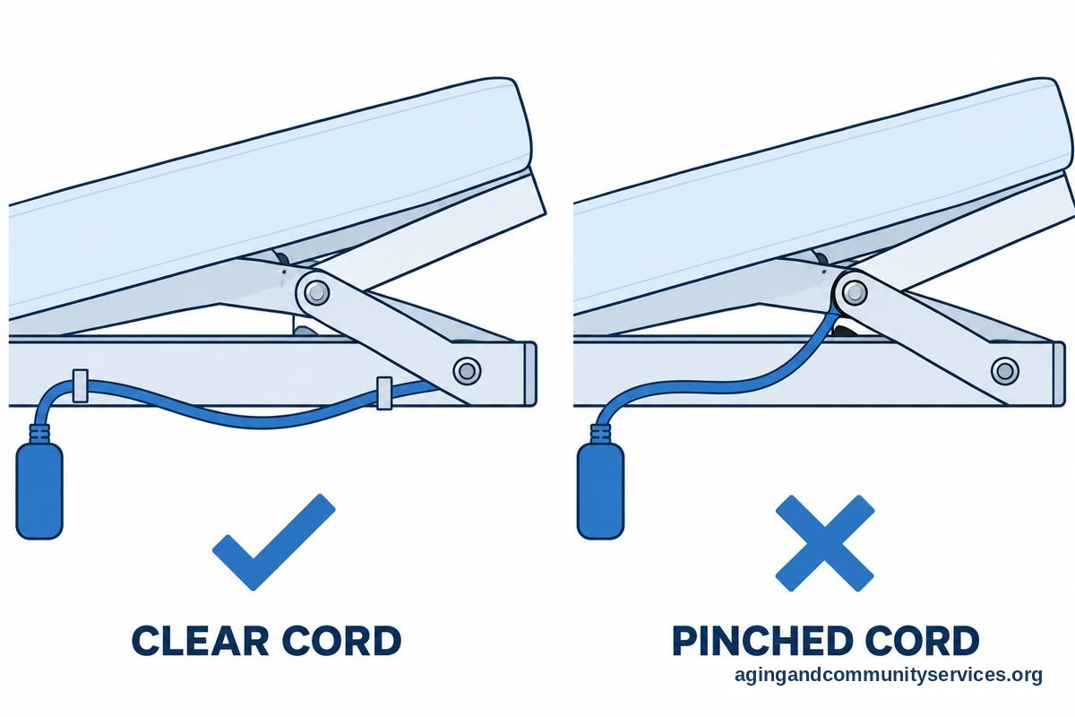 How to Use Hospital Bed Remote Controls Safely 3 Two close views of a bed frame show a pendant cord clear of a hinge beside a cord trapped between the hinge plates.