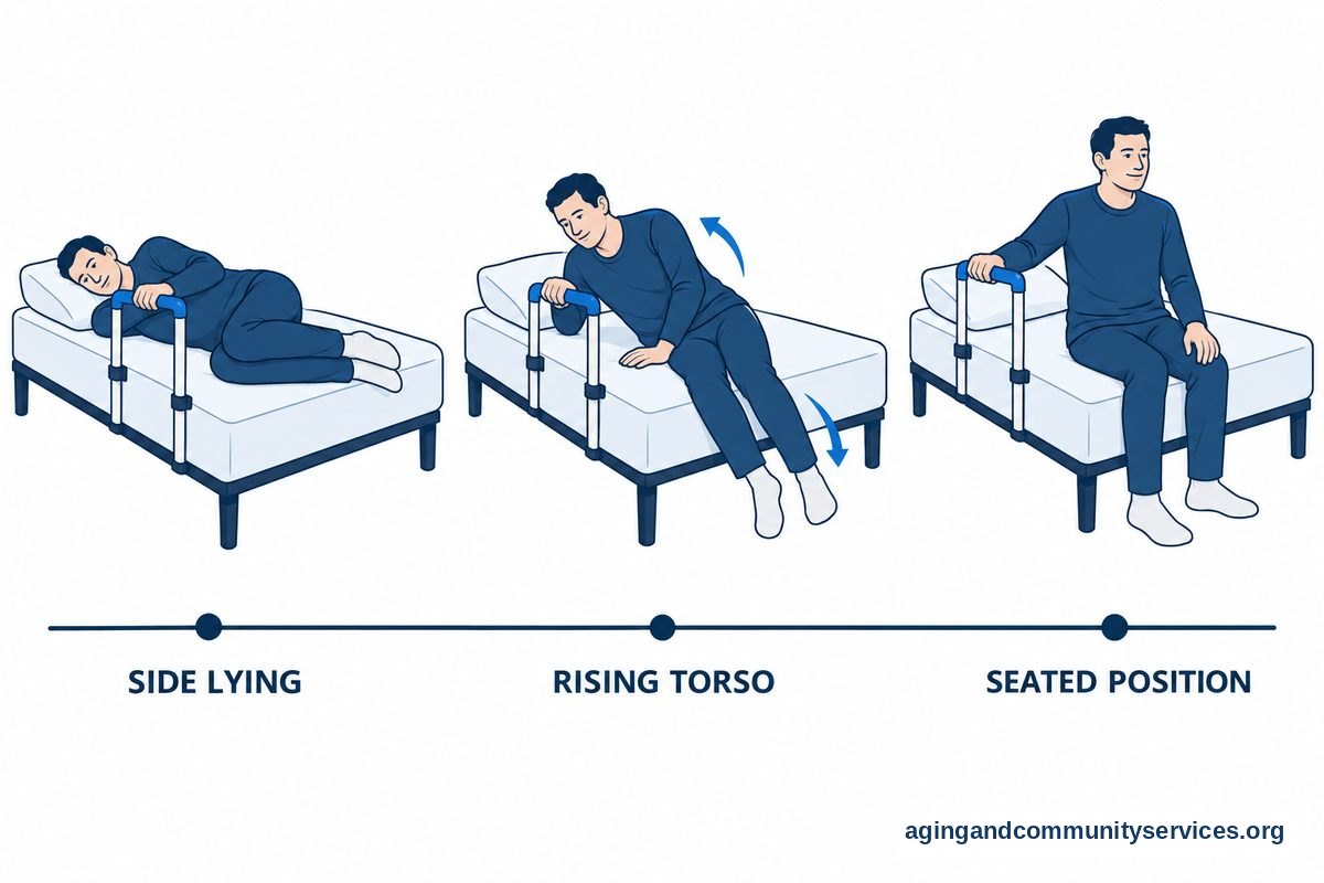 Three drawings along a timeline show a person lying on their side, raising their torso as their legs lower, and sitting with both feet on the floor.
