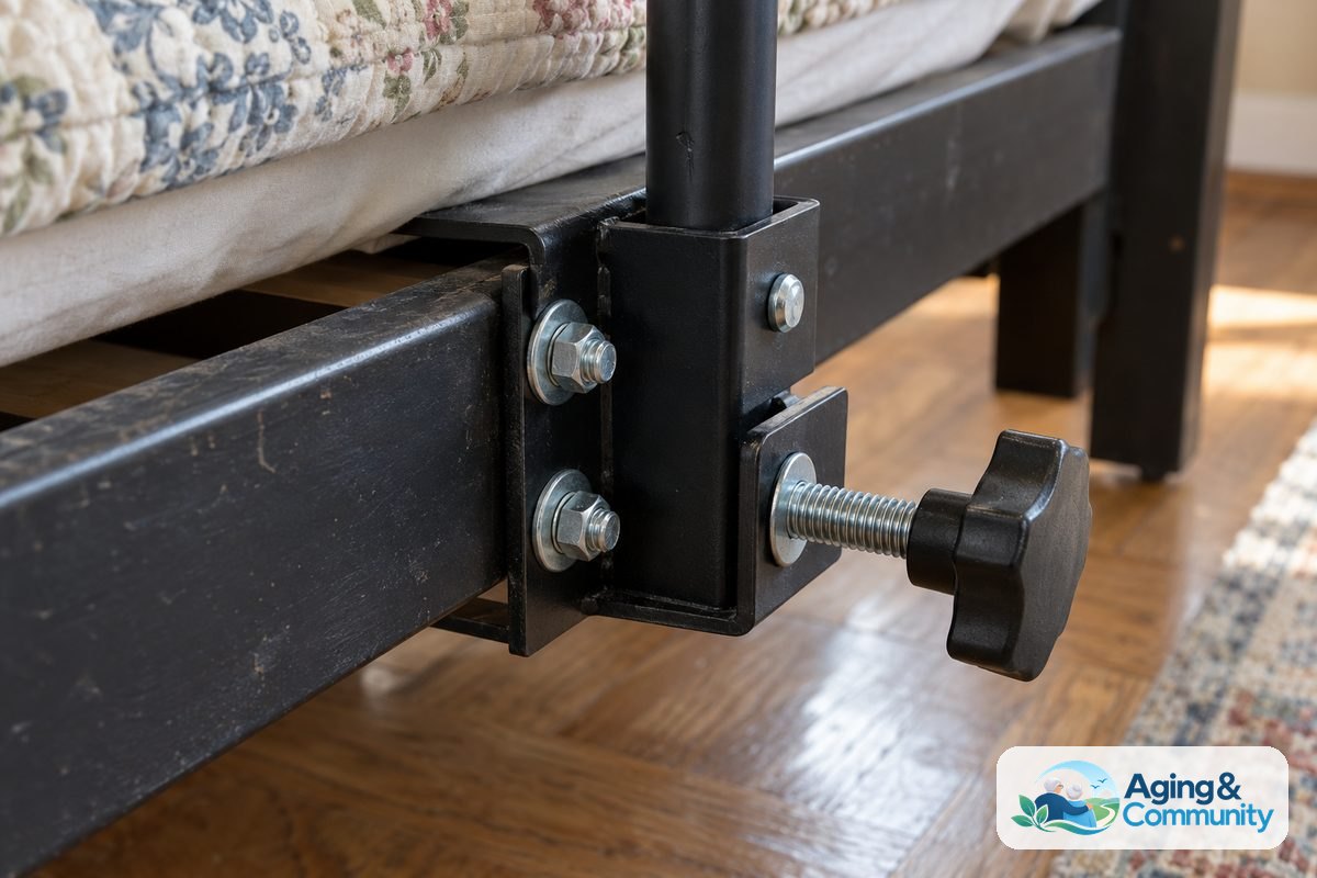 A metal bed rail bracket sits squarely against a stationary steel bed frame with its supplied bolts and hand knob visible.
