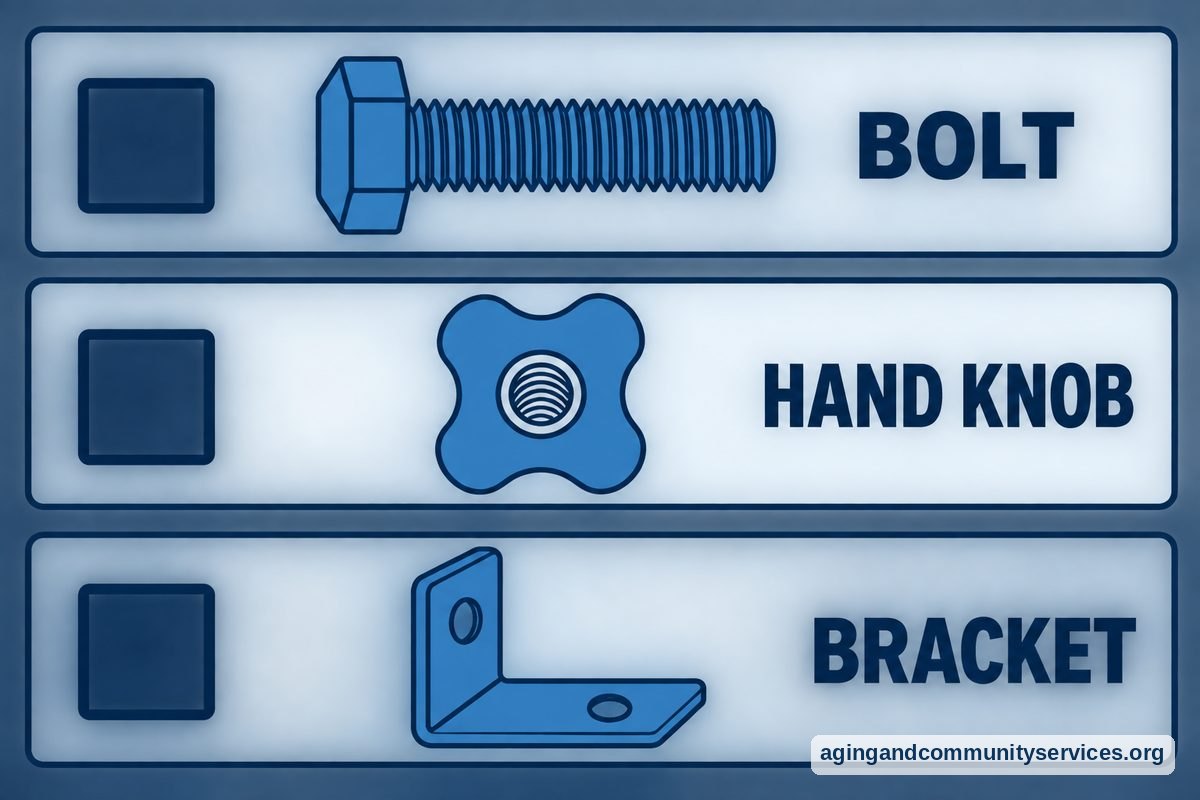 A vertical illustrated checklist shows an intact threaded bolt, a plastic hand knob, and a metal mounting bracket beside empty checkboxes.