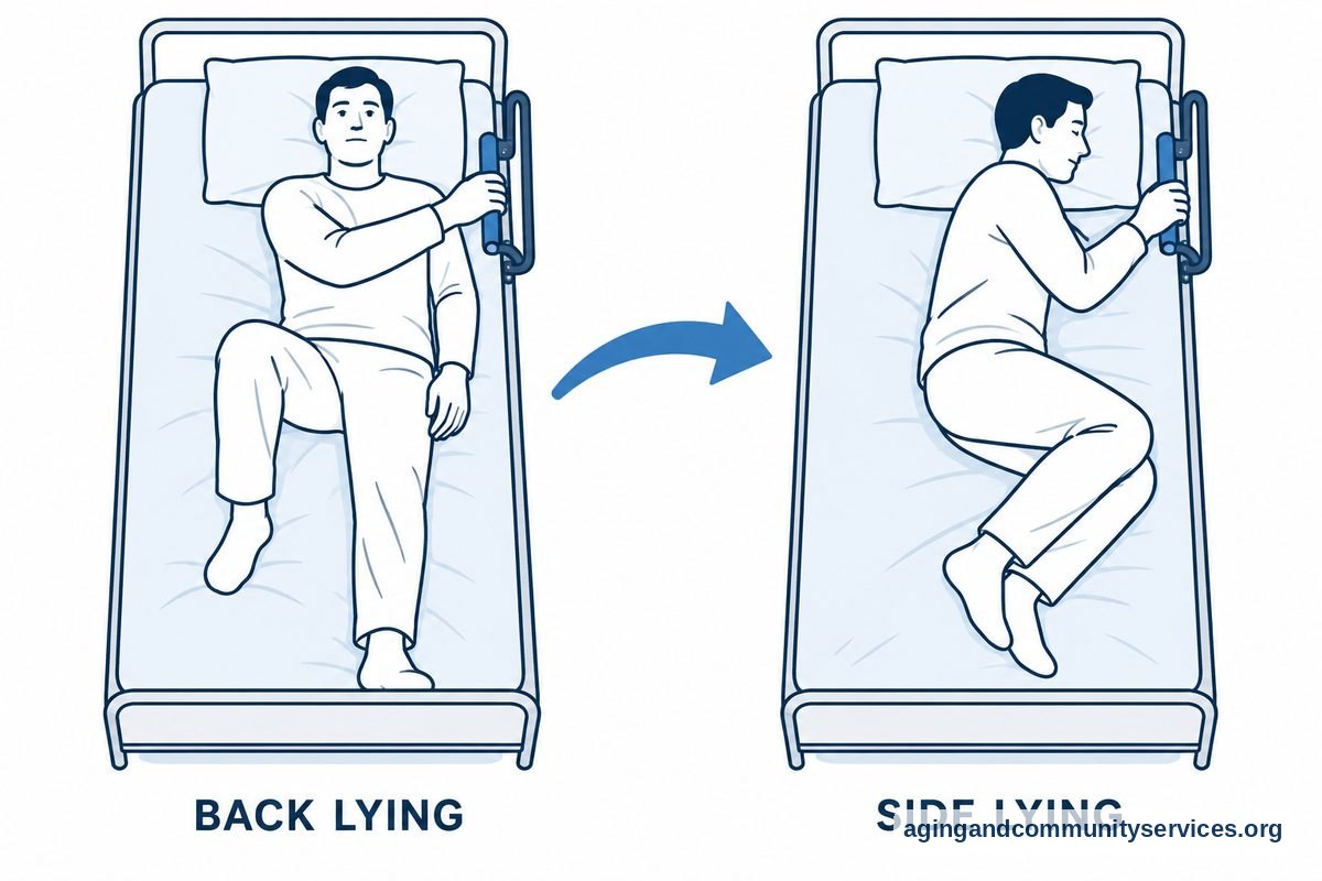 Two overhead drawings show the same person changing from lying on their back with one knee bent to lying on their side facing a bedside rail.