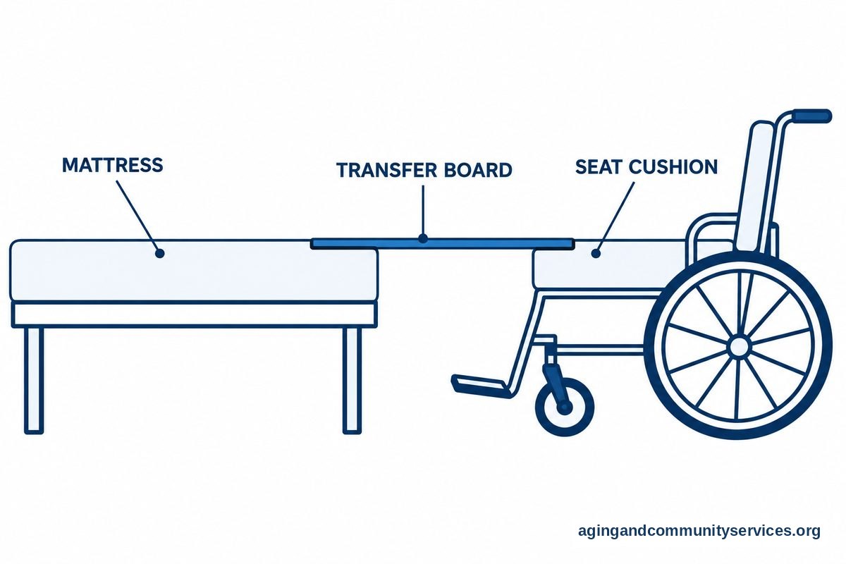 A side elevation shows a rigid transfer board resting across a small gap between a bed mattress and a wheelchair cushion at matching heights.