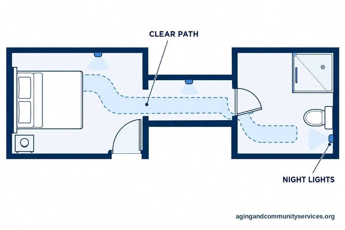 A top down floor plan shows a clear route from a bed through a short hallway to a bathroom, with night lights along the walls.