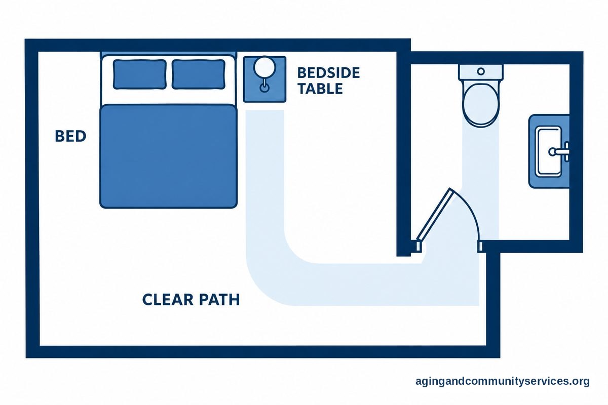 A top view shows a bed, a bedside table, and an unobstructed route through an open doorway to an adjoining bathroom.