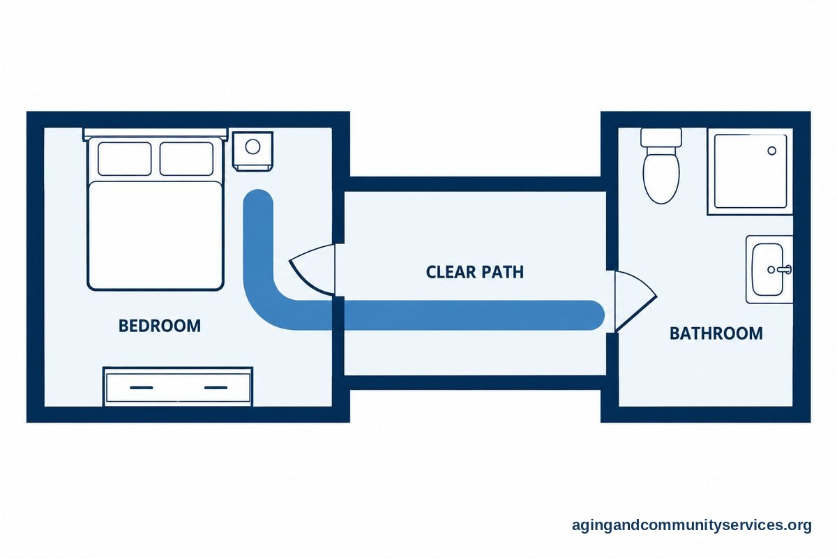 Safety in the Elderly: A Practical Home Guide 2 A top view shows a bedroom connected to a bathroom by an open hallway, with a blue route passing clear of furniture.