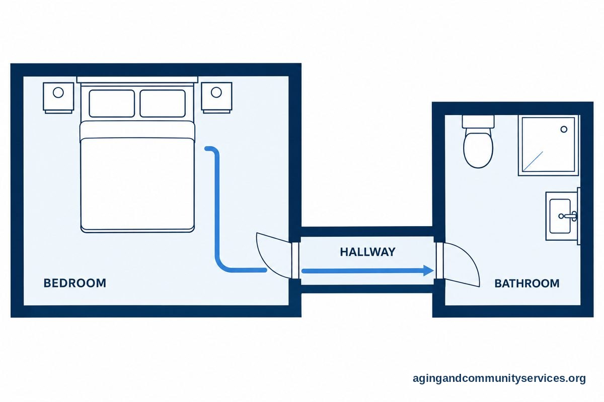 A top down floor plan shows a bedroom and bathroom connected by a hallway, with a blue route traced between the bed and bathroom entrance.