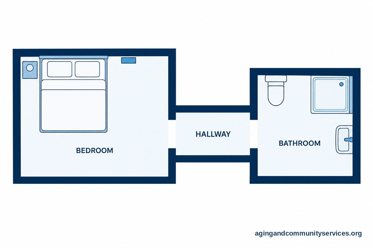 Elderly Fall Sensor Guide for Safer Daily Living 4 A top down drawing shows a bedroom connected to a bathroom by a clear hallway, with a small sensor mounted on the bedroom wall.