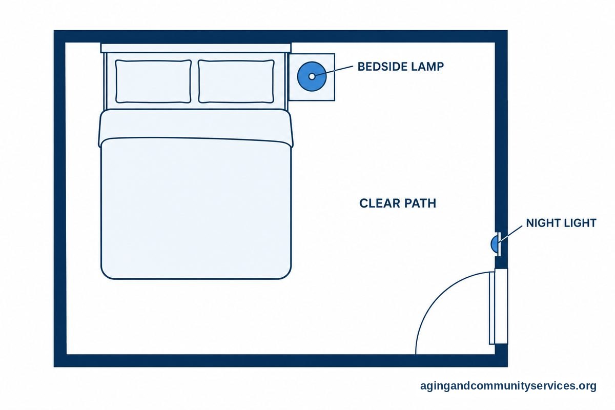 A top down bedroom plan shows a bed, a bedside lamp, a wall night light, and an open floor route to the doorway.