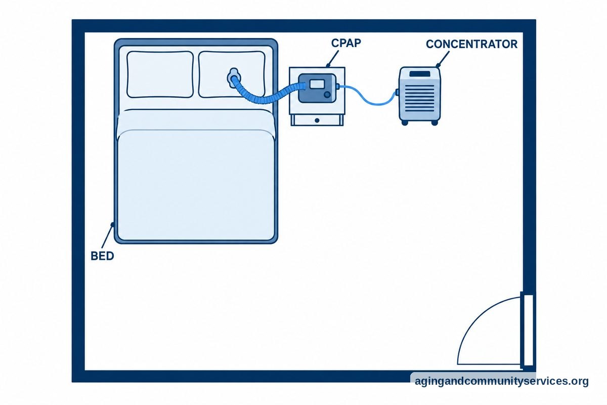 How to Use CPAP With Oxygen at Home Safely 4 A bedroom floor plan shows a CPAP machine on a bedside table, an oxygen concentrator away from the wall, and tubing routed outside the clear path to the door.