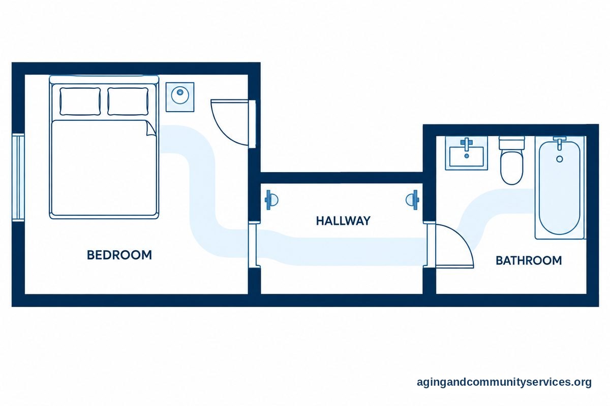 A top down floor plan shows a bedroom connected by an uncluttered hallway to a bathroom, with furniture outside the highlighted walking route.