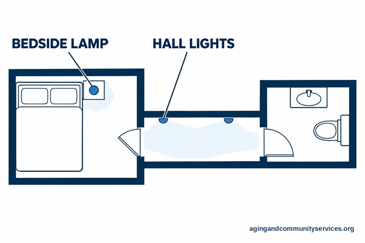 Smart Home Security for Seniors Made Simple 4 A top down floor plan shows a bedside lamp and two hallway lights along an open route from a bedroom to a bathroom.
