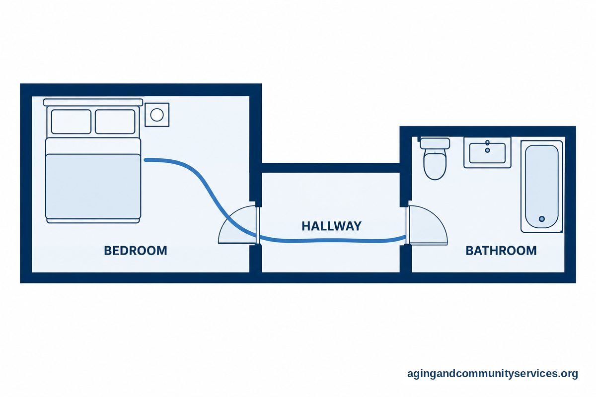 Elderly Fall Statistics Families Should Know 3 A top down floor plan shows a bedroom connected by a short hallway to a bathroom, with a blue walking route between the rooms.