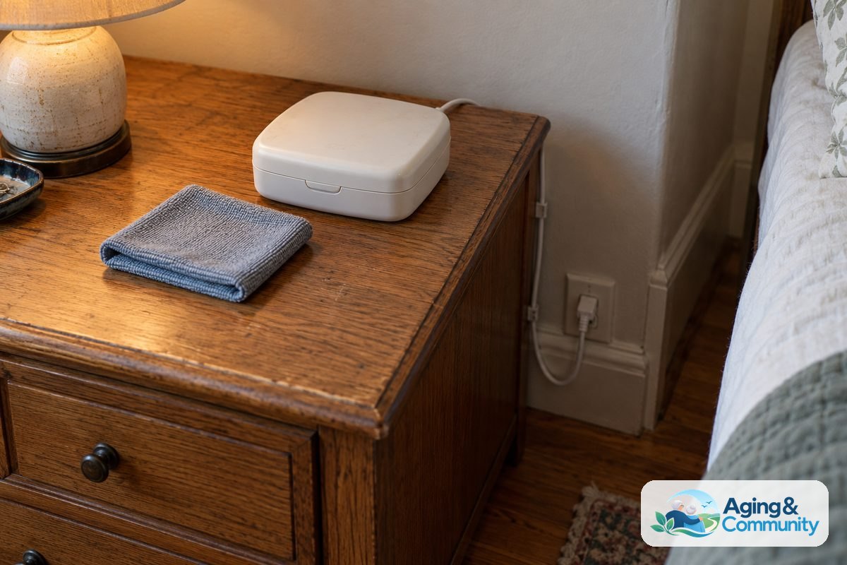 A closed hearing aid dryer and folded microfiber cloth sit on a clear wooden nightstand, with the power cord routed behind the furniture.