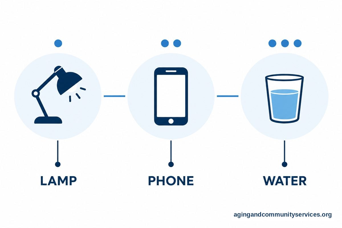 A flat vector diagram illustrates three sequential steps for arranging a bedroom nightstand: placing a lamp, adding a phone, and positioning a water bottle within arm’s reach.