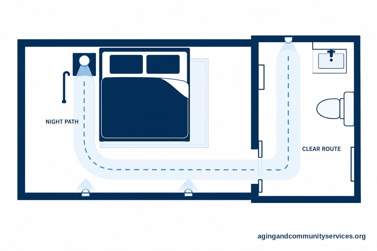 Architectural top down floor plan illustration showing a bedroom and en suite bathroom with a clear lit path and walking cane within arm reach.
