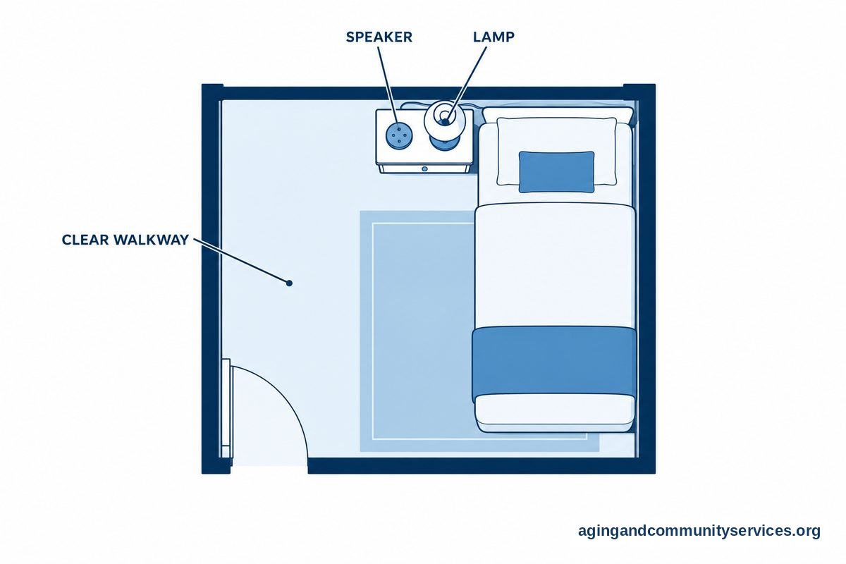 A bedroom floor plan shows a bed, a bedside table holding a speaker and lamp, and an open walkway from the doorway.