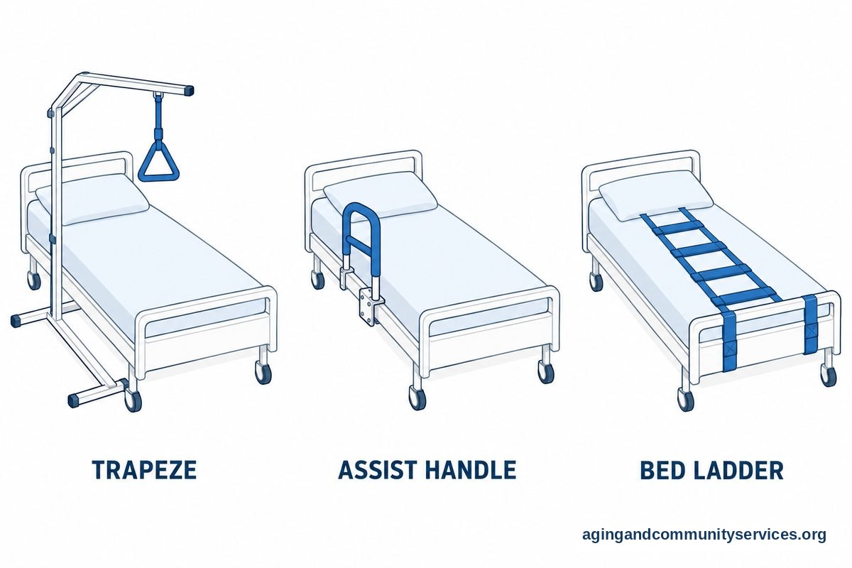 How to Use a Trapeze Bar Safely in Bed at Home 4 Three drawings show an overhead trapeze, a bedside assist handle, and a fabric bed ladder fitted to matching beds.