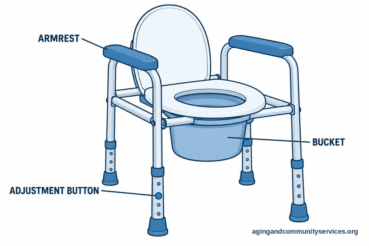 A diagram shows a bedside commode with callouts pointing to an armrest, the bucket beneath the seat, and a leg adjustment button.