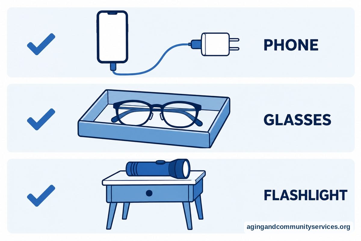 Home Protection Tips for Seniors Living Alone 5 A vertical illustrated checklist shows a phone connected to a charger, eyeglasses in an open tray, and a flashlight resting on a bedside table.