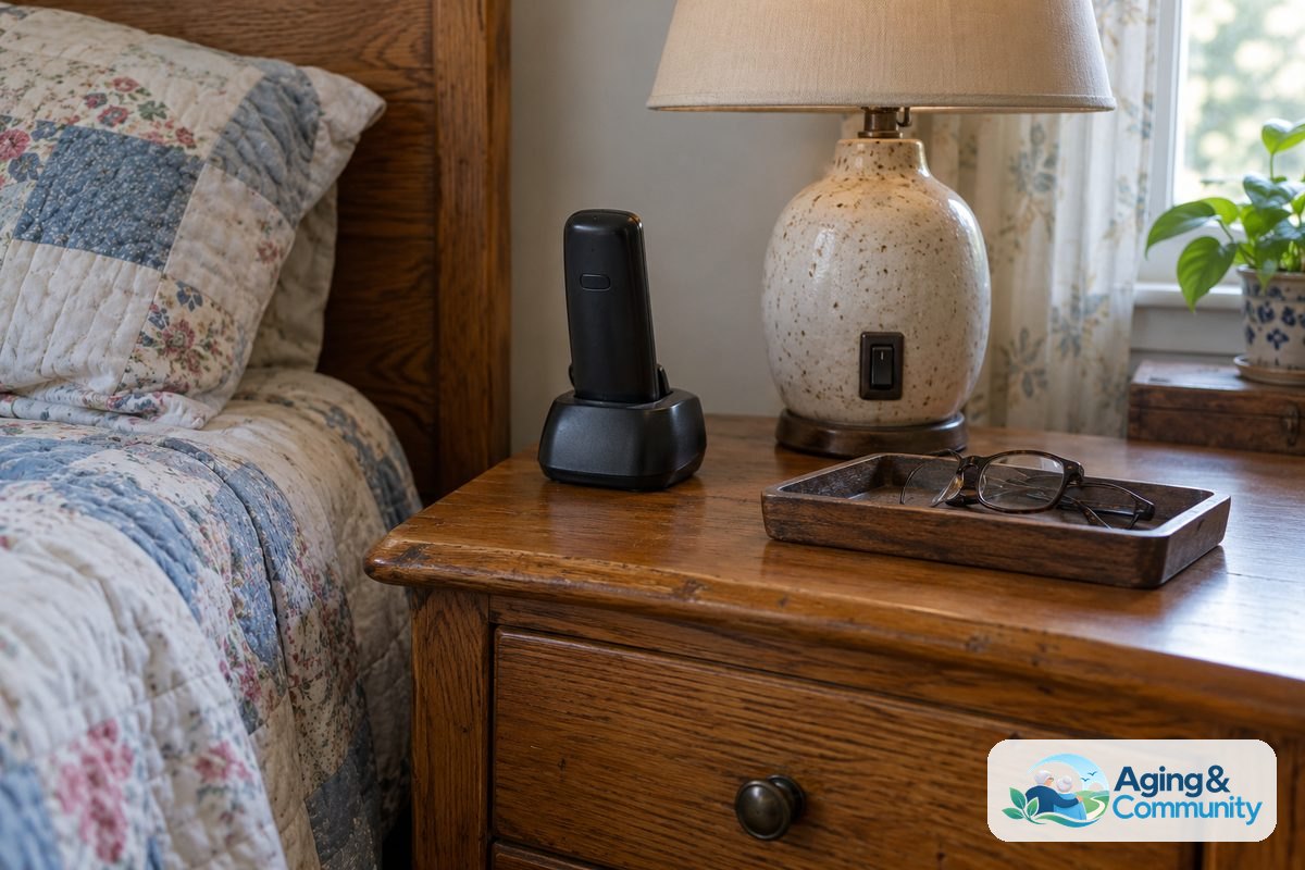A bedside table holds a cordless phone in its charging base, folded glasses, and a lamp beside the edge of a bed.