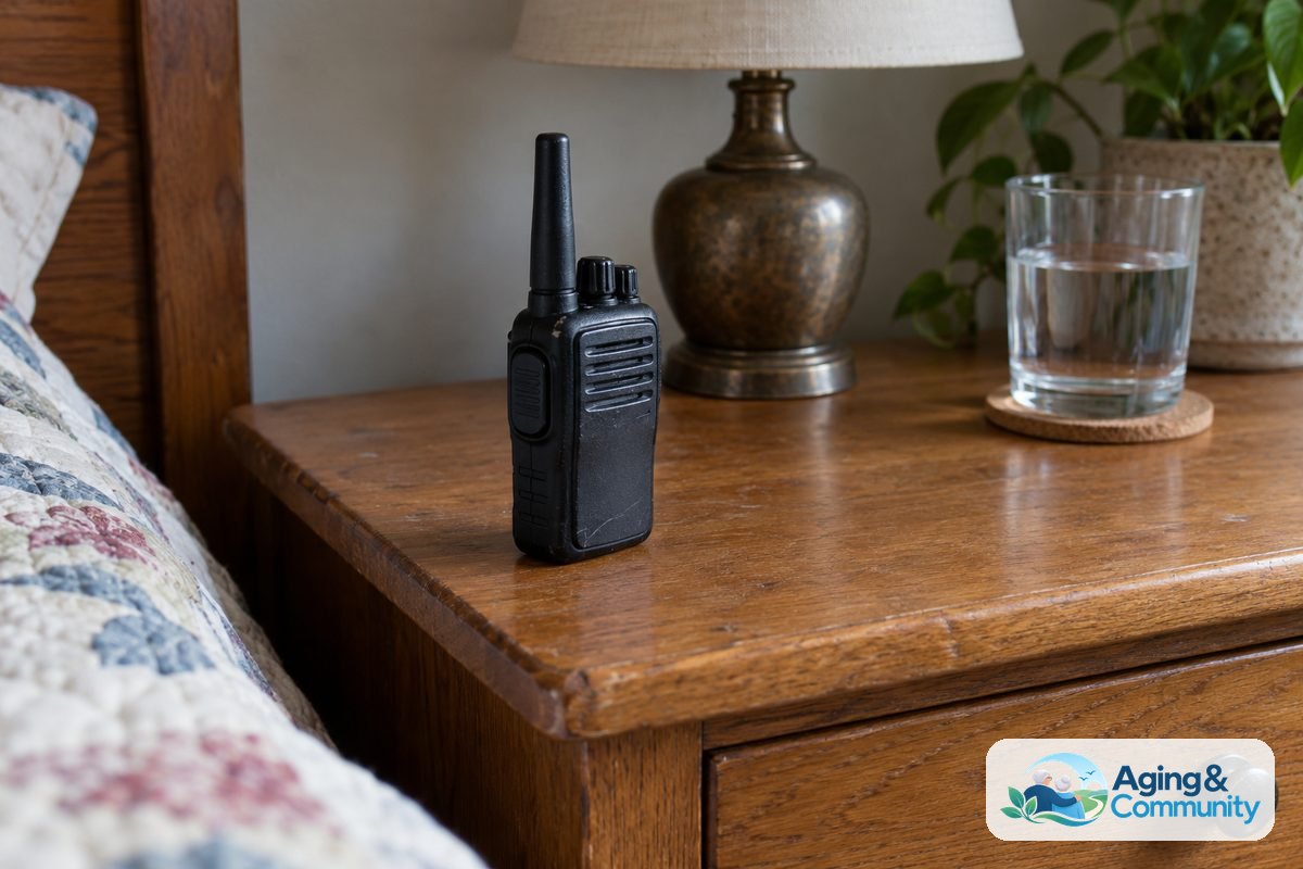 A compact radio stands near the front of a wooden nightstand beside a reading lamp, with a glass of water farther back on a coaster.