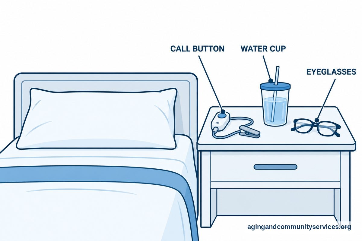 An anatomy diagram of a care home bedside zone showing the optimal placement of a call button, water cup, and eyeglasses on a nightstand.