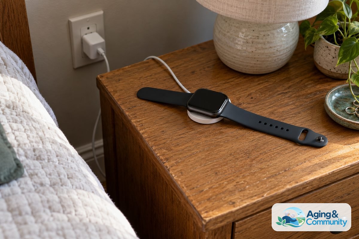 AI Wearables for Elderly Care: A Plain-English Guide 5 A smartwatch rests on a charging dock on an oak bedside table, with its cable routed behind the table toward a wall outlet.