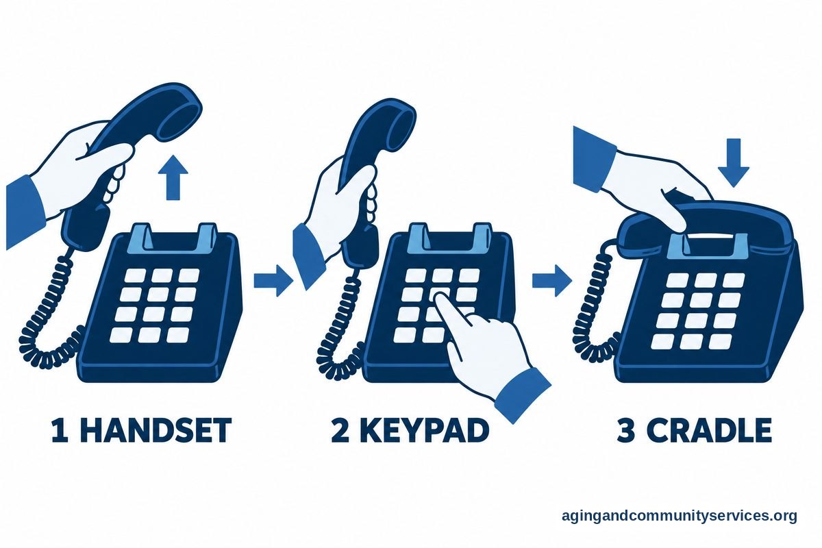 Three numbered drawings show a hand lifting a telephone receiver, a finger pressing its keypad, and the receiver returning to its cradle.