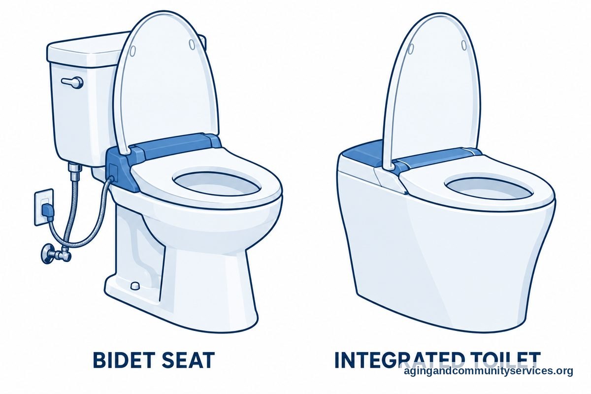 Bidet Seat Versus Bidet Toilet: A Helpful Guide 2 Two drawings show an electric bidet seat attached to a conventional tank toilet and an integrated bidet toilet with a smooth ceramic body.