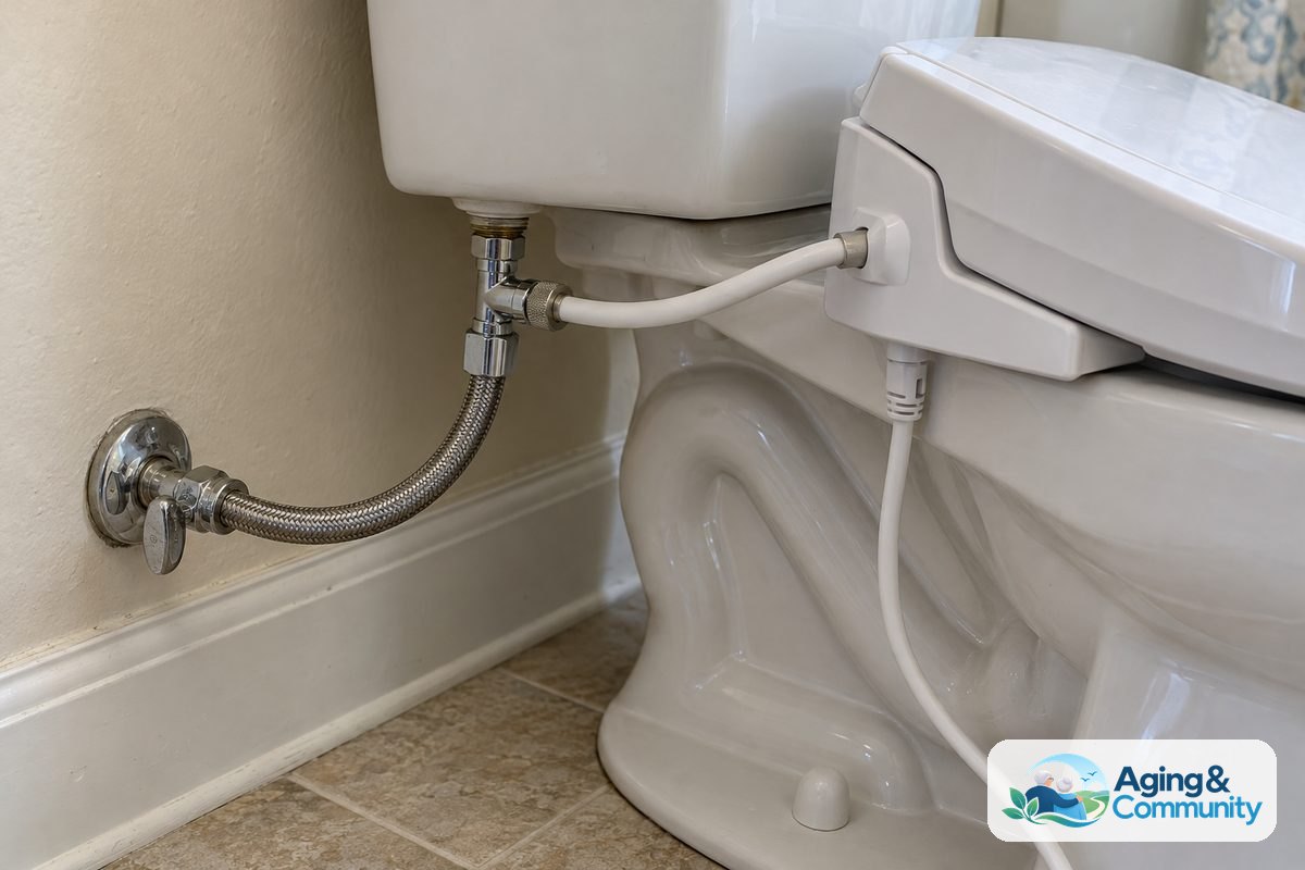Bidet Seat Versus Bidet Toilet: A Helpful Guide 3 A metal tee fitting beneath a toilet tank connects a braided supply line and a narrow hose leading to the bidet seat.