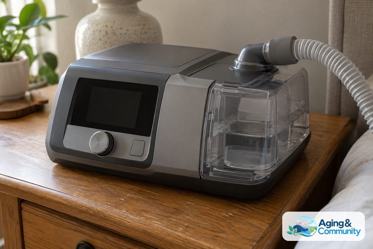 How to Choose CPAP or BiPAP for Better Sleep 4 A bilevel machine sits on an oak bedside table with its humidifier chamber seated and its hose connected at the side.
