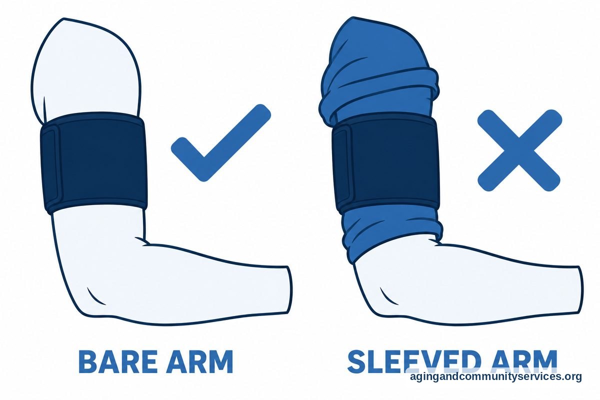 How to Use Blood Pressure Monitor Walgreens at Home 2 Two arm illustrations show a cuff on bare skin beside a cuff wrapped over a thick sleeve, with a check beside the bare arm and a cross beside the sleeved arm.