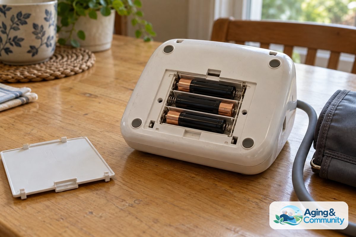 How to Use Blood Pressure Monitor Walgreens at Home 3 An automatic blood pressure monitor rests upside down beside its detached battery cover, exposed battery compartment, and connected fabric cuff.