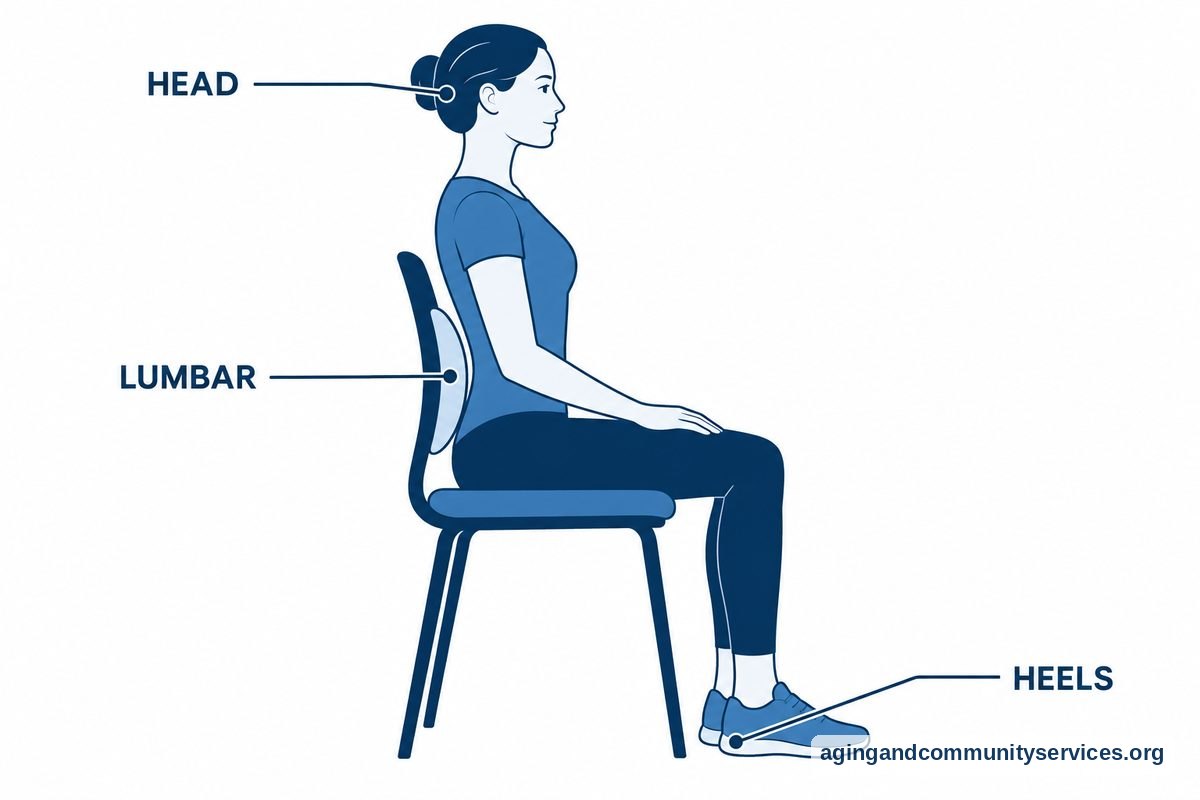 How to Use a Recliner Safely and Comfortably 5 An anatomy style flat vector showing a seated figure with highlighted head, lumbar support, and heels alignment on a recliner.