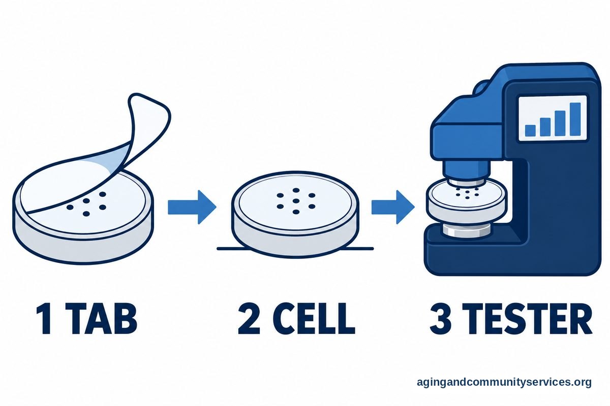 Three numbered drawings show a tab peeling off a button cell, the uncovered cell resting with its vents exposed, and the cell seated between tester contacts.