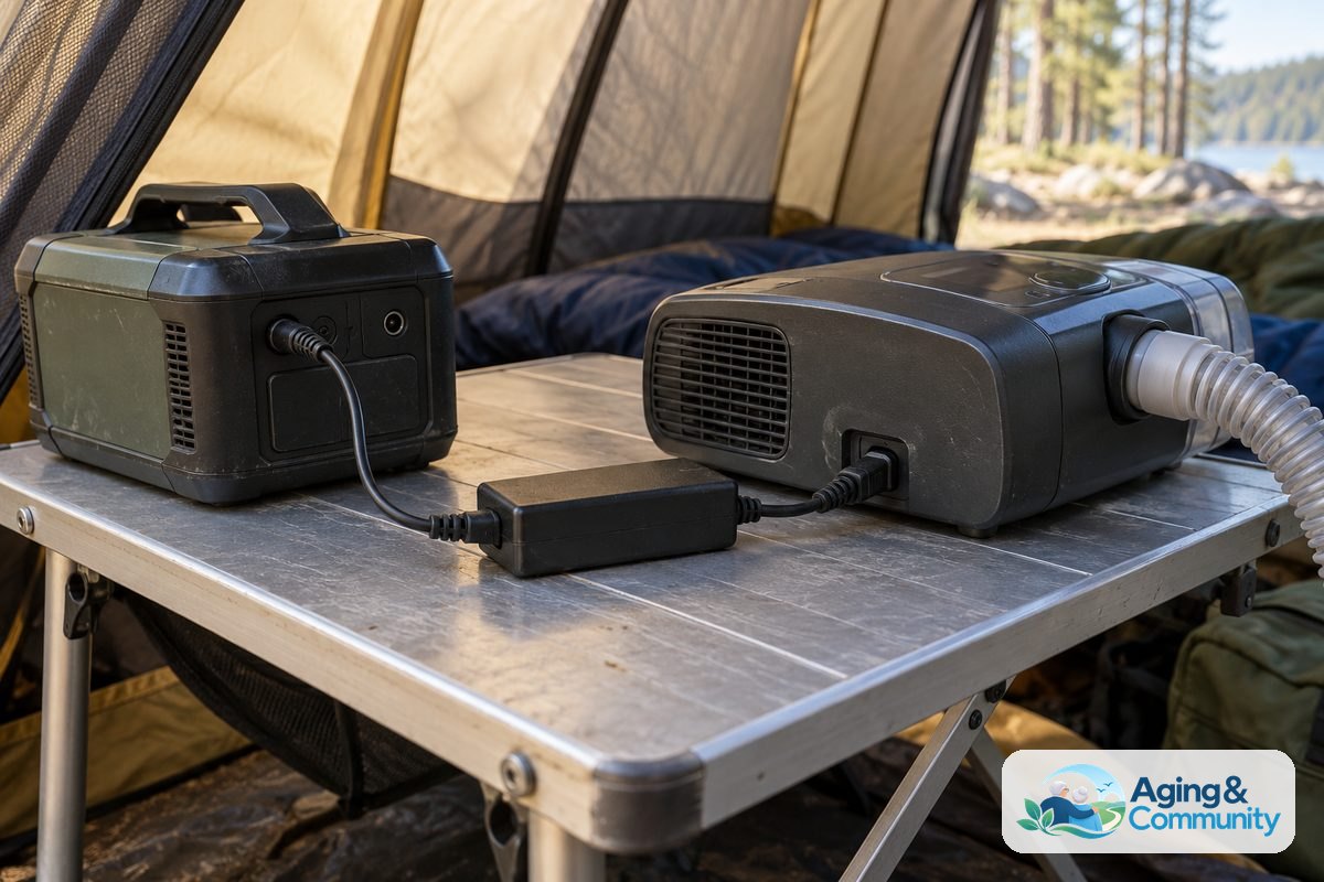 A CPAP machine and portable battery sit on a level camp table with a direct current adapter connecting their power ports.