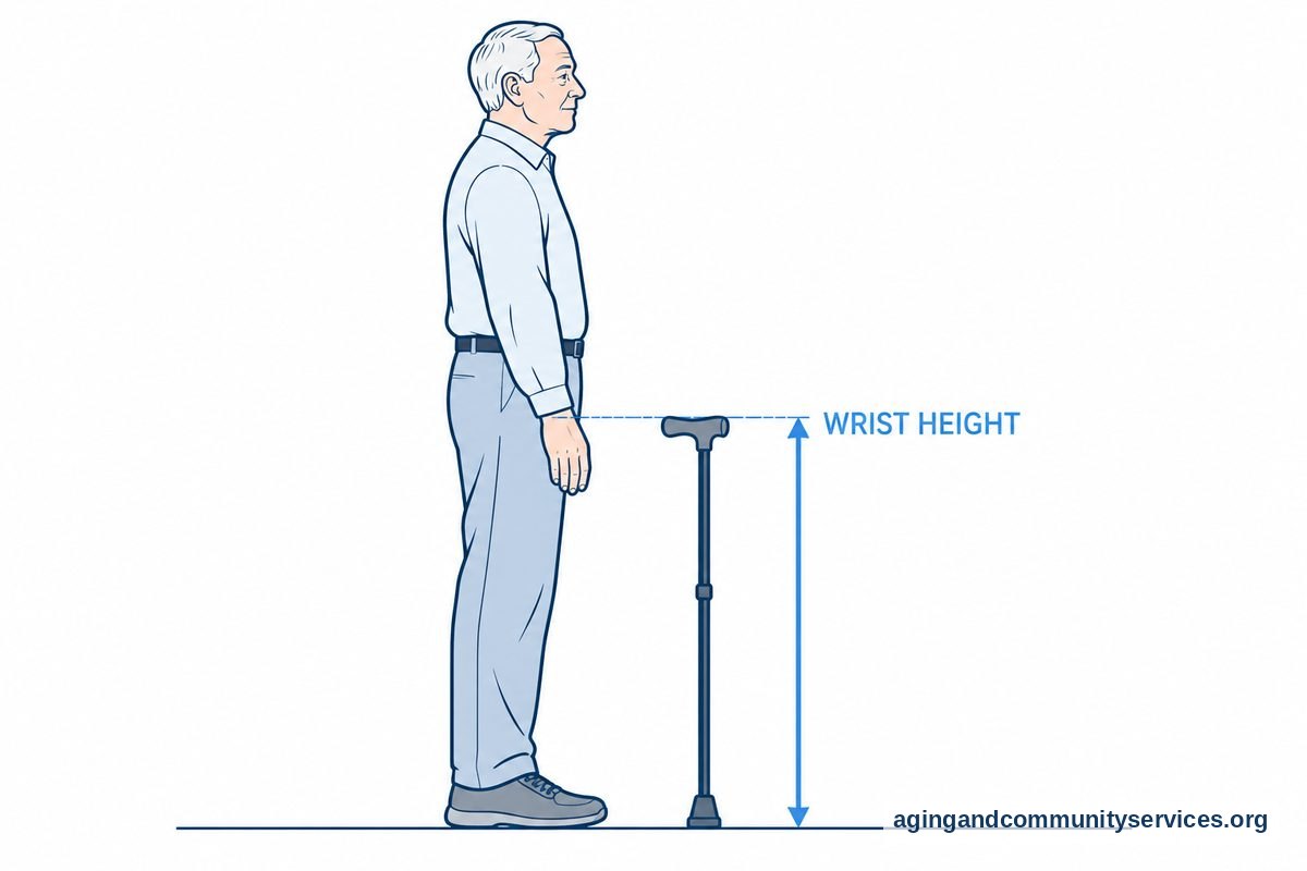 A side view drawing shows a standing adult with a cane handle aligned to the wrist crease and a vertical arrow extending from the floor to that height.