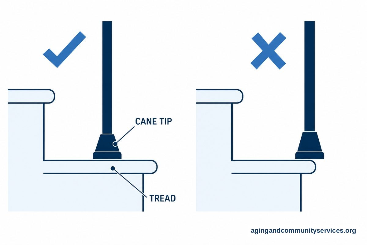 Two stair details compare a cane tip fully supported on a tread with a cane tip partly overhanging the front edge, marked with a check and a cross.