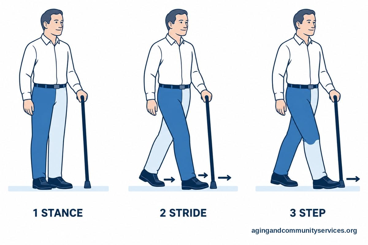 Three numbered drawings show a standing figure, the left hand cane advancing with the right foot, and the left foot stepping forward.