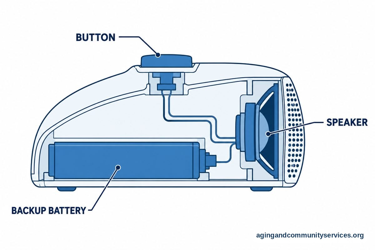 A cutaway side view of an alert base unit shows a speaker, a large top button, and an internal battery pack.