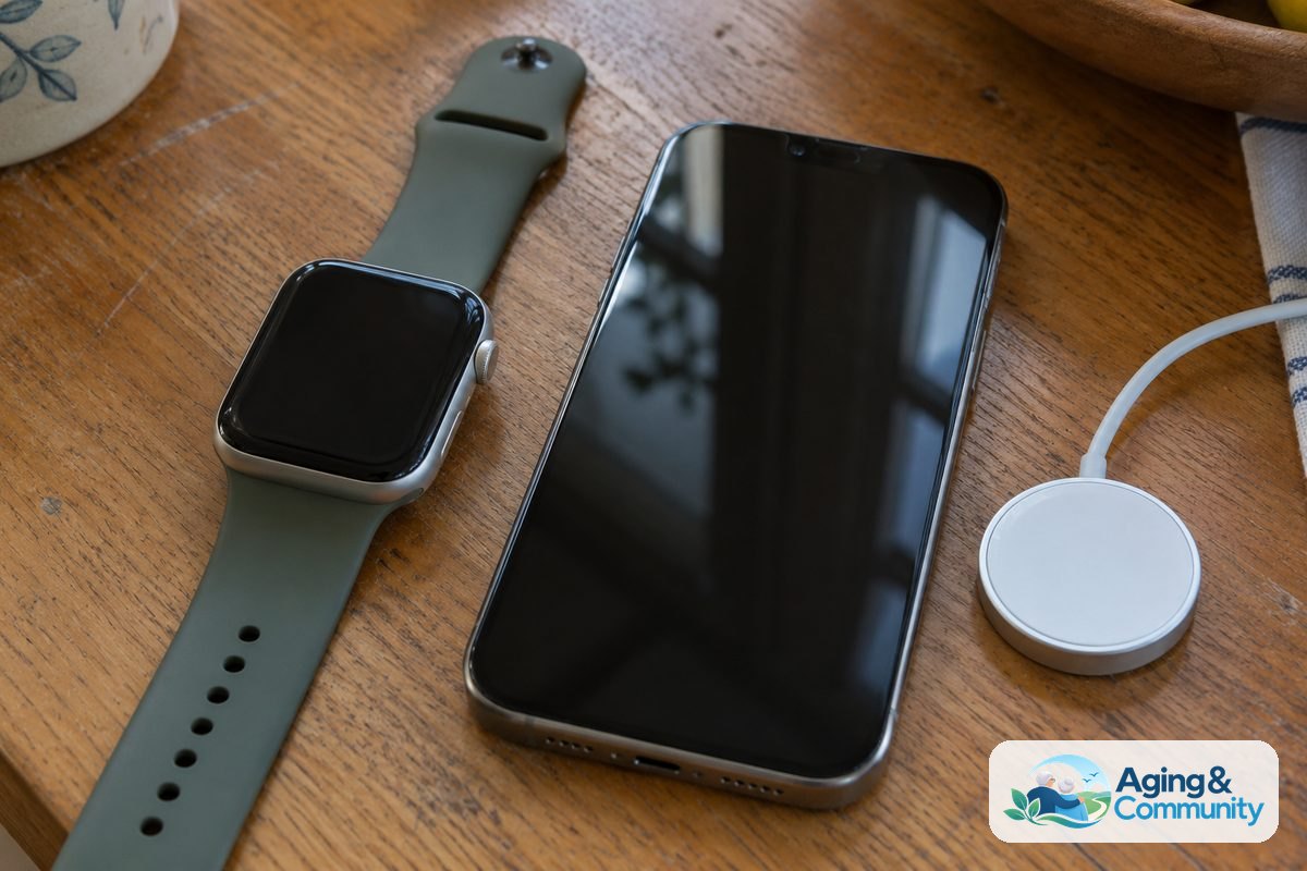 A smartwatch with a silicone band, a smartphone, and a circular magnetic charging puck rest on a worn oak tabletop.