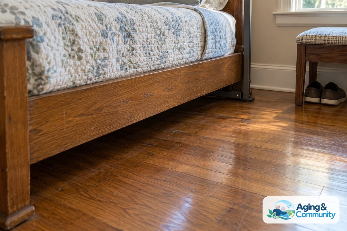 How to Use a Trapeze Bar Safely in Bed at Home 5 A clear hardwood floor beside a bed leads past a trapeze support, with closed heel shoes stored beneath a nearby bench.