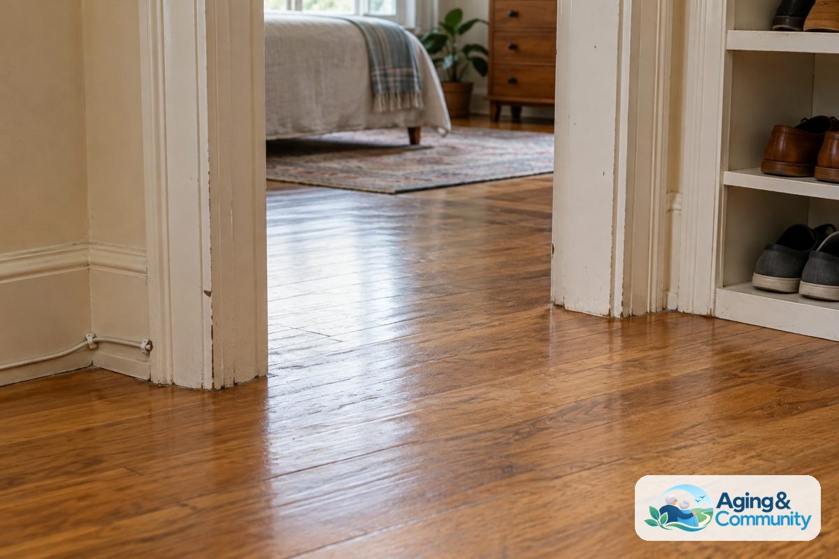 A clear hardwood hallway passes through a level doorway, with a lamp cord secured along the baseboard and shoes stored on a recessed shelf.
