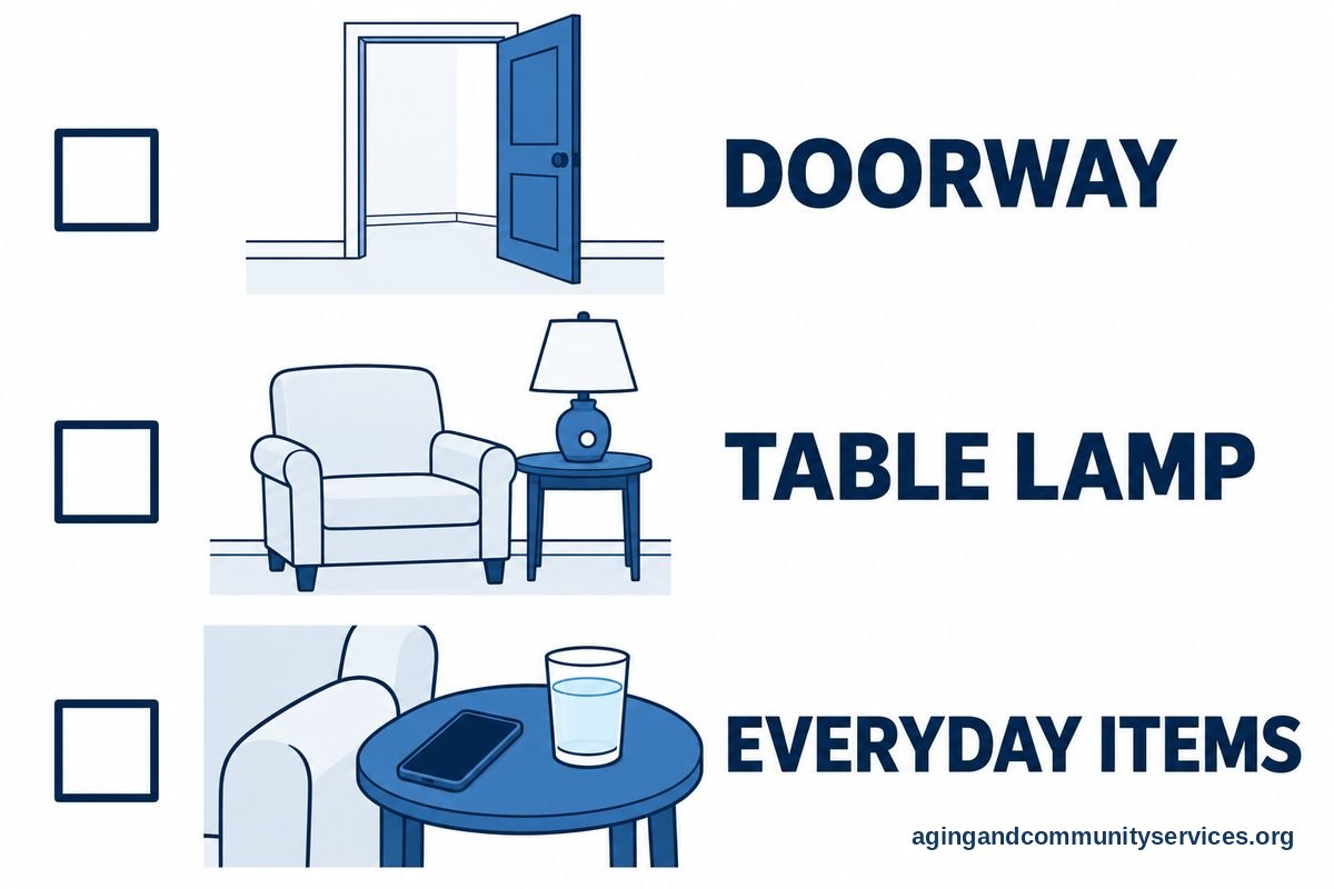 A three row illustrated checklist shows an unobstructed doorway, a table lamp beside a chair, and a phone and water glass near a tabletop edge.