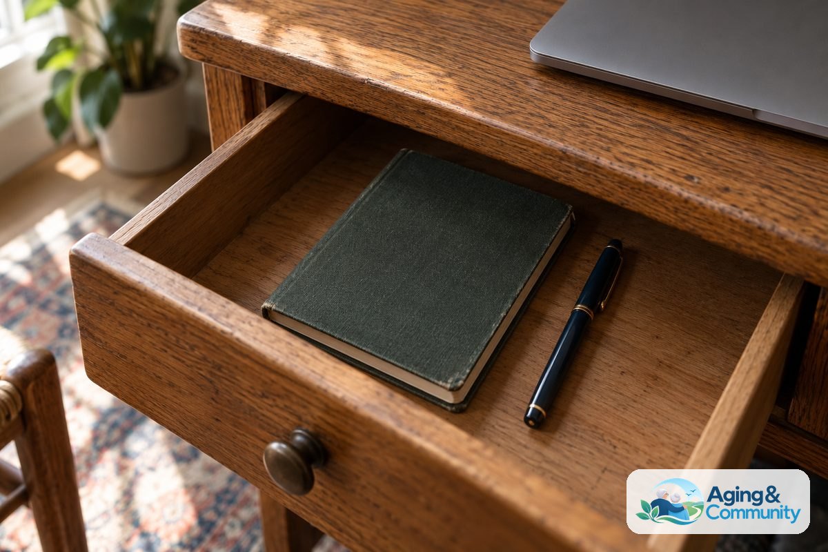 A closed pocket notebook and a capped pen rest inside a partly open wooden desk drawer beneath a laptop.