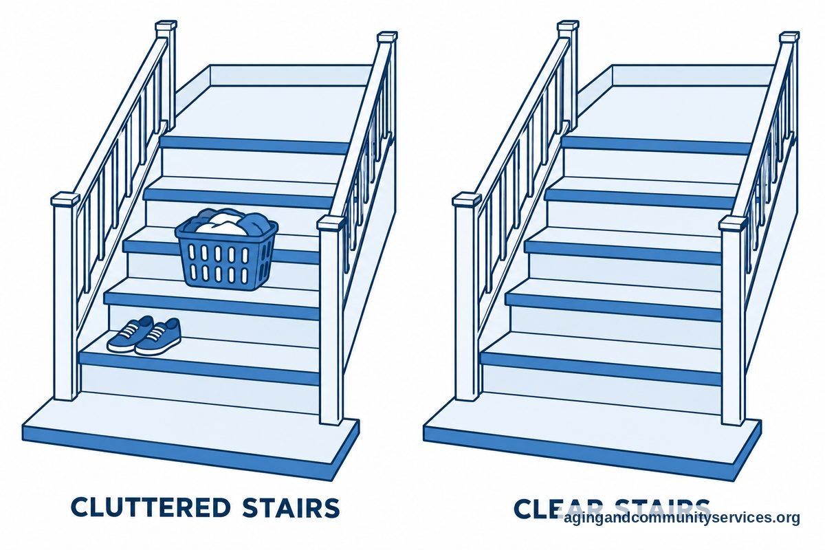Health And Safety Using Stairs At Home 3 Two matching staircases show shoes and a laundry basket on the steps in one view and empty steps and landings in the other.