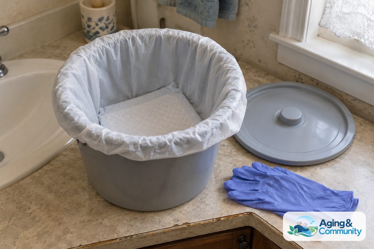 A clean commode bucket holds a fitted liner and an absorbent pad, with its matching lid and disposable gloves beside it.