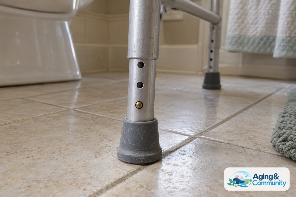 How to Use Bedside Commode Over Toilet Safely 5 A close view of a commode leg shows its rubber foot resting on tile and a metal adjustment button protruding through a hole in the tubing.