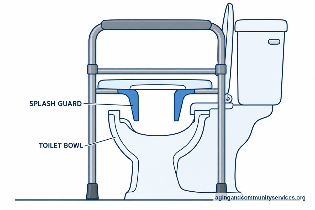 A side cutaway shows a commode frame over a household toilet, with a splash guard extending beneath the commode seat into the bowl opening.