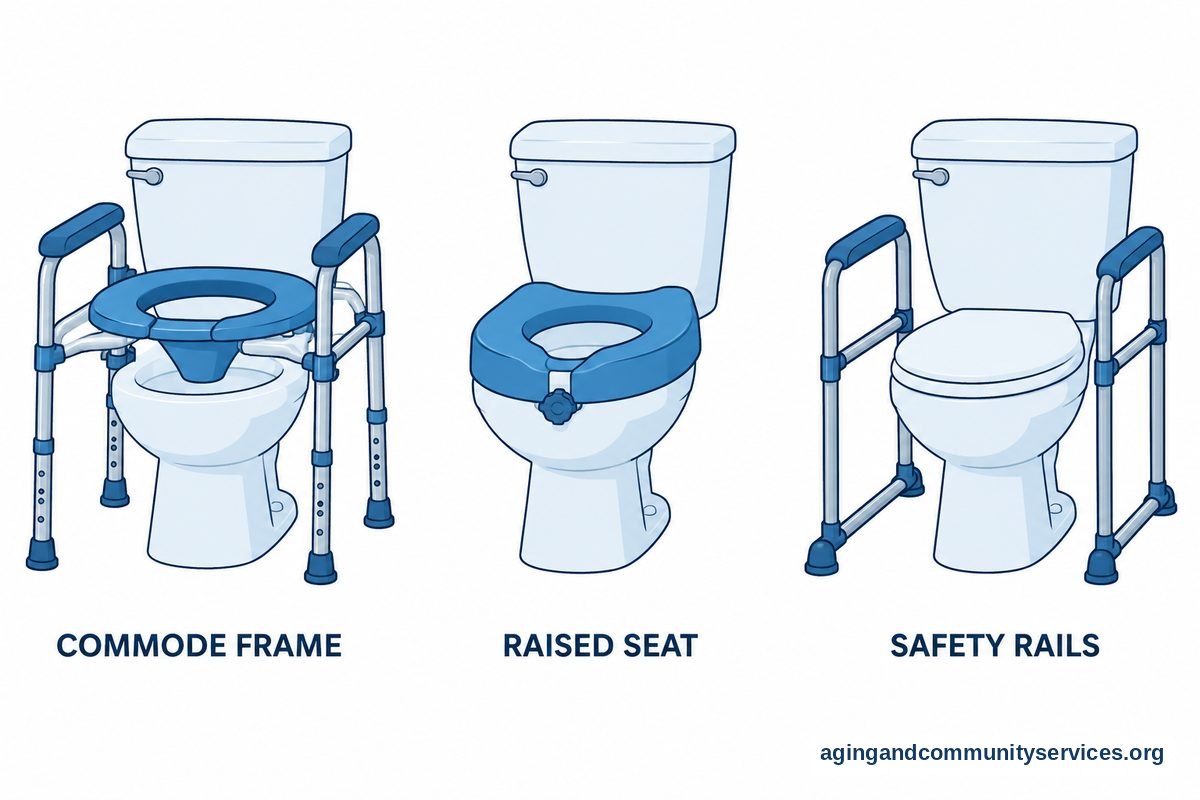 How to Use Bedside Commode Over Toilet Safely 4 Three toilet setups show a commode frame with an elevated seat, a raised seat attached to the bowl, and separate floor standing safety rails.